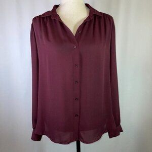 H&M Burgundy Blouse Semi Sheer Long Sleeves V Neck Button Down